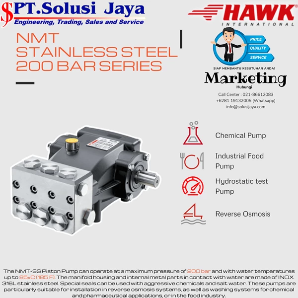 Pompa Piston NMT Stainless Steel 200 Bar Series Brand Hawk Made In Italy